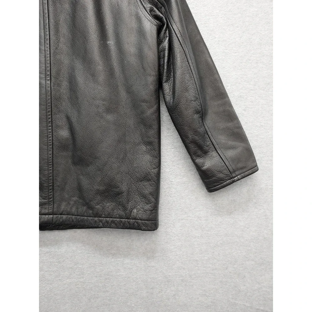 J Crew Men Jacket M Black 100% Leather Button Front Pockets Collared Outdoor